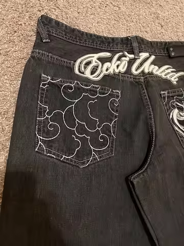 Vintage Ecko Unltd Black Denim Jeans Men's Rhinoceros Embroidery Straight Leg Hip Hop Streetwear Cas