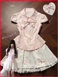 [Pink Mist Berry] Japanese Sweet Bow Stitching Short-Sleeved Striped Top+Lace Pleated Skirt Suit Wor