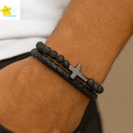 POLOSPORT Double-Row Braided Bracelet, Magnetic Leather Lava Rock Bead Bracelet, Charm Black Bible V