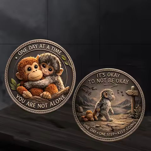 1PC Cute Monkey Encouragement Plating Bronze Commemorative Medal Coin One Day At A Time Metal Medal 