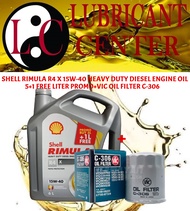 SHELL RIMULA R4 X 15W-40 HEAVY DUTY DIESEL ENGINE OIL 5+1L FREE PROMO(6L)+VIC OIL FILTER C-306