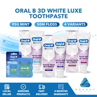 Oral B 3D White Luxe Toothpaste - 95g Mint, 50m Floss, Whitening, Bright Smile & Fresh Breath