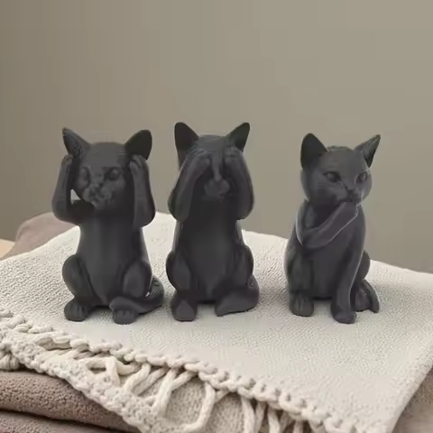 3 Minimalist Three-Wisdom Cat Sculptures, Wise Ornaments That Don'T Listen, See, or Speak, Smell Evi