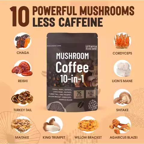 Mushroom Coffee With 10 Adaptogenic Mushrooms And MCT Oil, USA Grown Instant Coffee, With Turkey Tai