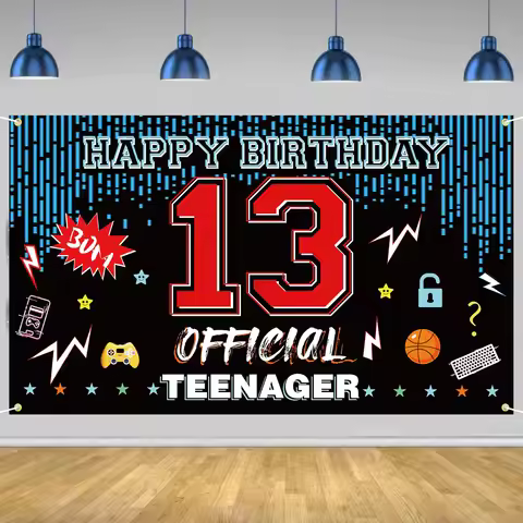 Official Teenager 13th Birthday Door Backdrop Banner, Happy 13th Birthday Decorations，Red Blue 13 Ye