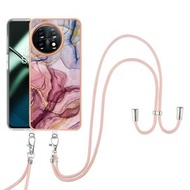 全城熱賣 - 適用於OnePlus 11 IMD電鍍大理石邊框C款TPU手機殼 帶掛繩（玫紅014）