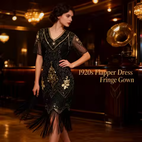 1920s Retro European American Fringe Dress Women's Party Evening Gown Glamorous Vintage Style