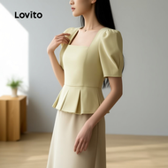 Lovito Blusang Elegan Berlipat Mudah Kuning untuk Wanita Musim Bunga/Panas L158ED777