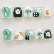 10Pcs Cartoon Three-Dimensional Dinosaur Frog Handmade Nails, Dopamine Cute Bow Short Square Shiny G