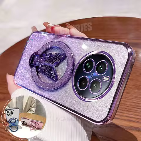 Realme12pro Plating Butterfly Holder Silicone Case For Oppo Realme 12 Pro Plus Lite 11 9 8 4g 5g C55