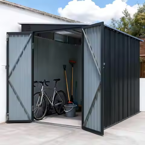 6x8 FT Lean to Shed with Lockable Double Doors, Metal Outdoor Storage Shed with Free PC Light Board 