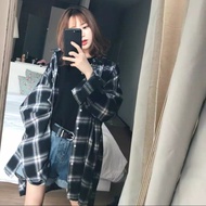 Baju wanita Retro Korea kemeja kotak-kotak Jaket lengan panjang Atasan