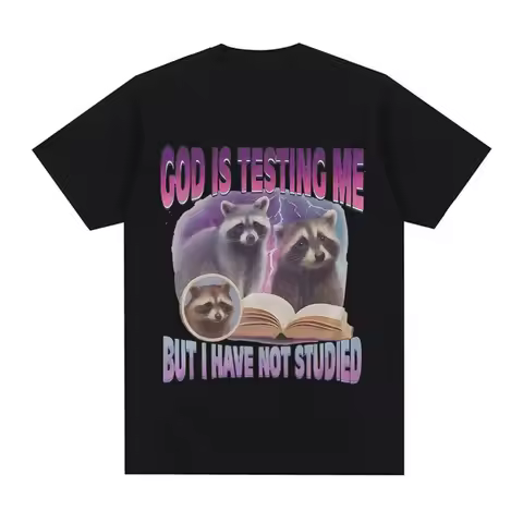 God Is Testing Me But I Have Not Studied T-Shirt Raccoon Funny Meme Book Graphic T-Shirt Men Women Y