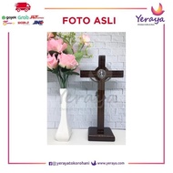 Catholic Sitting Cross Teak Corpus Iron Benedict 30cm - Crucifix tri1