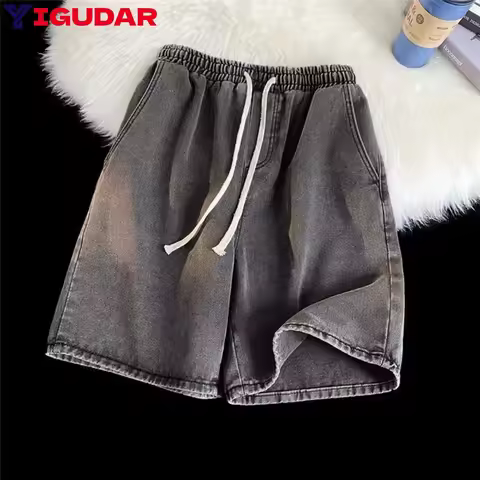 Denim Shorts Men's Summer Casual Elastic waist Loose Blue Jeans Shorts Baggy Harajuku Streetwear Hip
