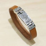 銀革手作 925 純銀 十字金剛杵 六字大明咒 美國馬鞍革 插扣 牛皮 手鐲