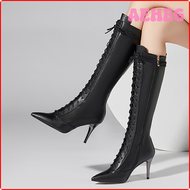 AEHEG Genuine Leather Knee High Boots Women Sexy Pointed Toe Lace Up Knee Boot Nightclub Dance Ladies Shoes Black Beige Large Size 48 JDNDR
