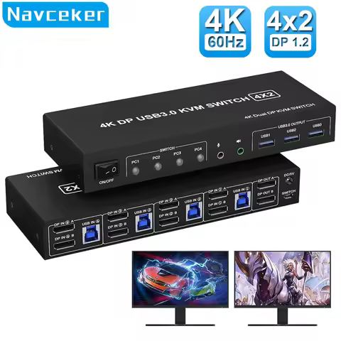 Navceker KVM Switch 4 PC 2 Monitors Displayport 4 Port 4K@60Hz USB 3.0 Computers Display Port Dual M