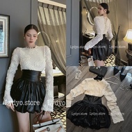 Set Of Leather Dress, Long-Sleeved Lace Shirt, Party Design Dress, Luxury, High-Class Flared Lace Shirt, Designer Dress