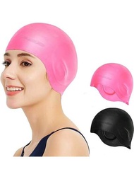 2入組具有良好彈性的矽膠游泳帽，保護耳朵防水游泳帽，適用於男女成人長髮