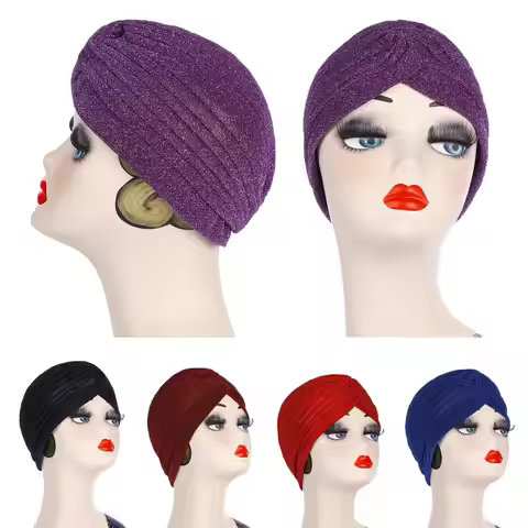 Women Hat Arab Indian Muslim Hijab Headwrap Hat Headwear Islamic Turban Elastic Glitter Pleated Turb