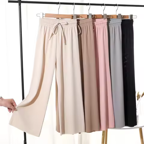 Slacks Women's Loose Summer Pants Soft Ice Silk Ankle-Length Black Wide Leg Pants Grey Khaki Women H