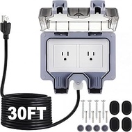 Kanayu Outdoor Outlet Box with 30ft Extension Cord, Dual 15 AMP 5-15 Receptacles Weatherproof Waterp