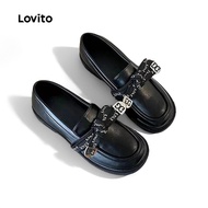 (NEW) Lovito Preppy Boat Shoes Retro Student Bow Boat Shoes for Women LFA90215 (NEW) Lovito Sepasang