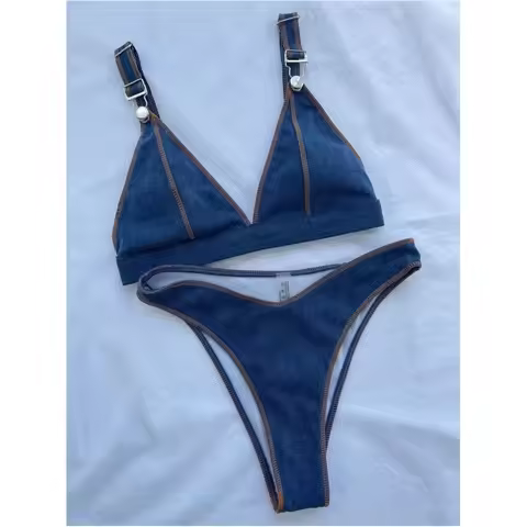 Denim Blue Bikini High Waist Swimsuit Buckles Border Swimwear Women Bathing Suit Adjust Straps Trend