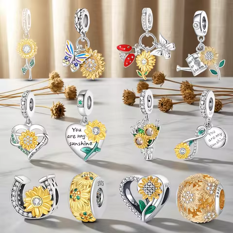 925 Sterling Silver Fashion Golden Sunflowers Heart Charms Beads Fit Qikaola 925 Original Bracelets 