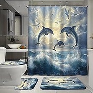 Modern Dolphin Waterproof Shower Curtain Set (72x72 Inch) with Non-Slip Bath Rugs, 4 Piece Beautiful