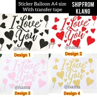 Sticker bobo Balloon A4 size I Love You