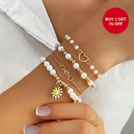 Set of 4 Charming Daisy & Heart Bracelets for Women - Elegant Crystal & Pearl Friendship Bracelets -