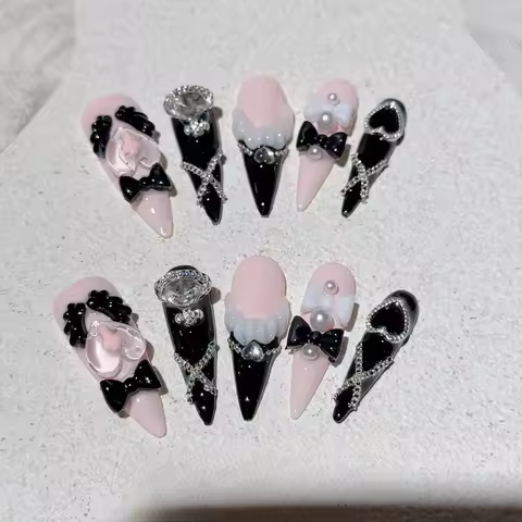 Handmade Reusable Long Stiletto Press On Nails Y2K Japanese Dark Cute Fake Nails Black Pink Bow Polk