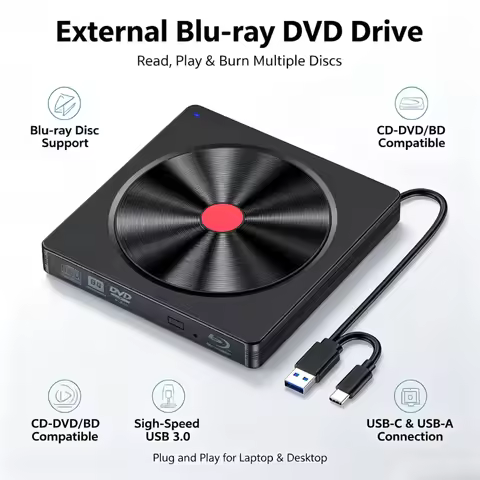 External Blu-ray Drive, USB 3.0 & Type-C BD Reader, DVD/CD Burner – Portable Blu-ray Player for Lapt