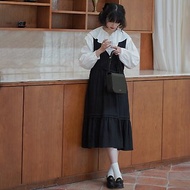 黑色V領系帶亞麻背心裙|洋裝|春款|亞麻|Sora-891