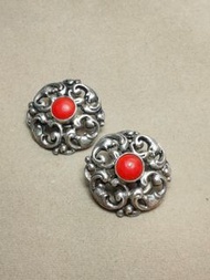 Antique奧匈帝國時期純銀紅色寶石耳夾
