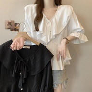 Chiffon Top Women Plus Size Women Fat mm150kg Ice Silk Chiffon V-Neck Age-Reducing Ruffled Short-Sle