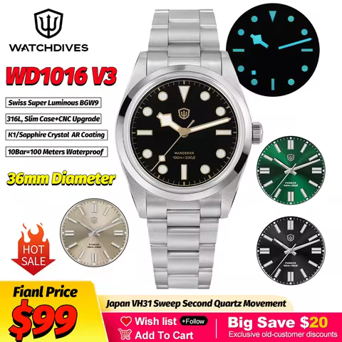 Watchdives WD1016 V3 36Mm Quartz Watches Man Multicolored VH31 Sweep Seconds K1 Bubble Mirror Sapphi