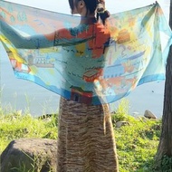 輕飄雪紡圍巾 - 香港海韻絲語手繪長圍巾/ 配高雅三環絲巾扣禮盒