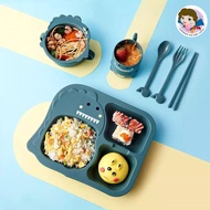 Children Eating Plate With Cutlery Cup And Bowl
