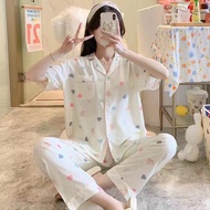 Korean High Quality Cotton White Heart Short Sleeve Pajama Set Sleepwear For Women Pantulog