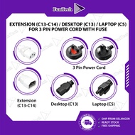 FunTech Power Cord Extension (C13 - C14) | 3 Pin Power Cord With Fuse For Desktop (C13) / Laptop (C5