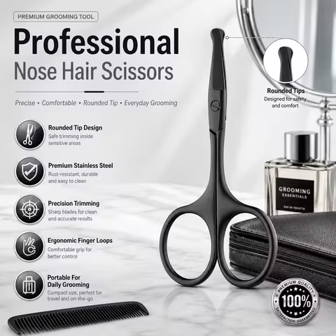 Professional Nose Hair Scissors Rounded Tip Stainless Steel Grooming Scissors Precision Trimming Too