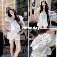 [QC PRODUCTS/ TYPE 1] BABYDOLL V-NECK SHIRT, GREEN PLAID, LACE, BOW TIE 2MONDAY A83