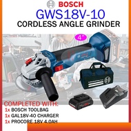 BOSCH GWS18V-10 CORDLESS ANGLE GRINDER  BRUSHLESS MOTOR C/W TOOL BAG + 1x 4.0AH 18V PROCORE BATTERY+