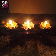 [Baosity] Vintage Style 3 Tealight Butter Candle Stand Lotus Carved Ghee Lamp Holder Buddha Hall Des