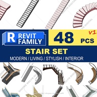 Autodesk | Revit 2025 | 48 Stair set Revit Family Files MATERIALS for Architectural Design