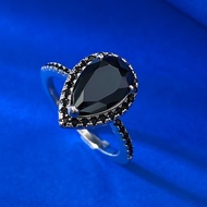 Mới 925 bạc hình Quả lê nhẫn hình giọt nước cho phụ nữ đơn giản cổ điển vòng đen Spinel