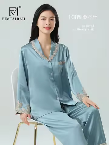 Fimtariah 6A 19MM 100% Silk Pajamas For Women Real Silk Pajamas Set Female Solid Winter Autumn Pijam